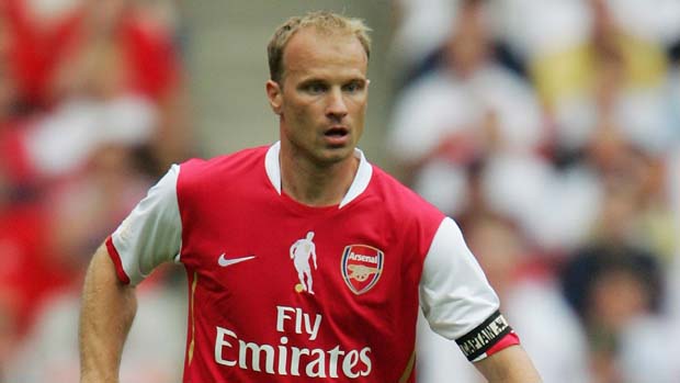 Arsenal legend Dennis Bergkamp in action during his testimonial.